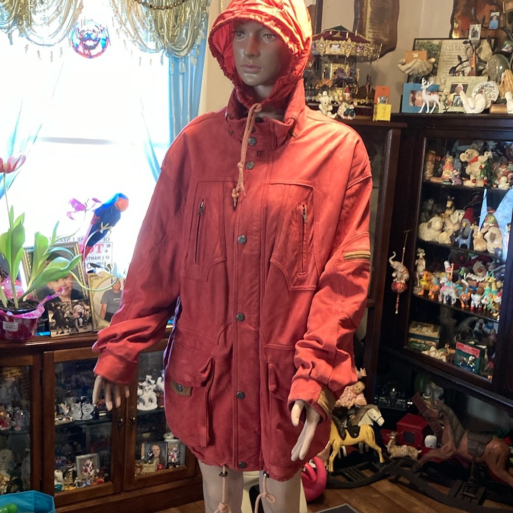 Vintage Tannery West coral / red colored leather hooded coat size M unisex